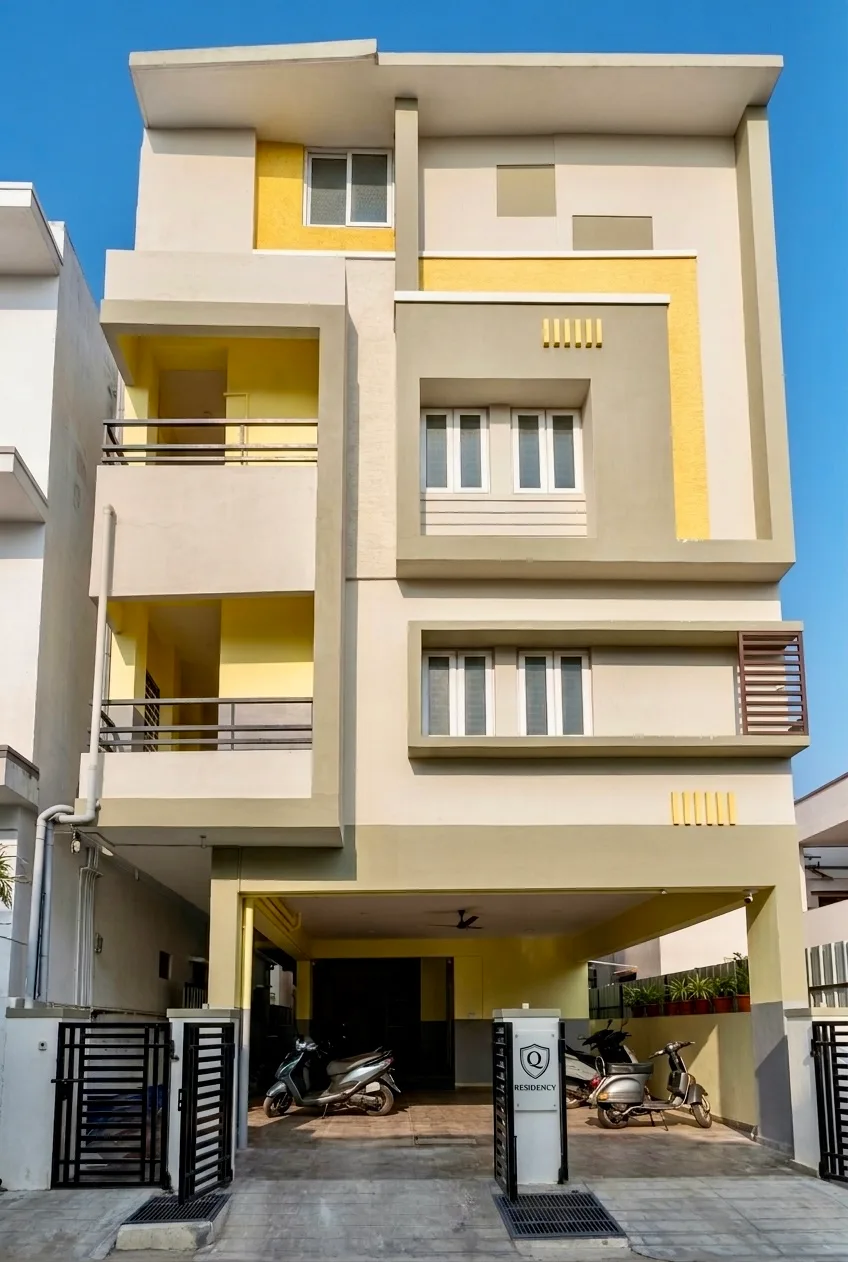 Q Residency building – men's PG and hostel in Peelamedu, Coimbatore