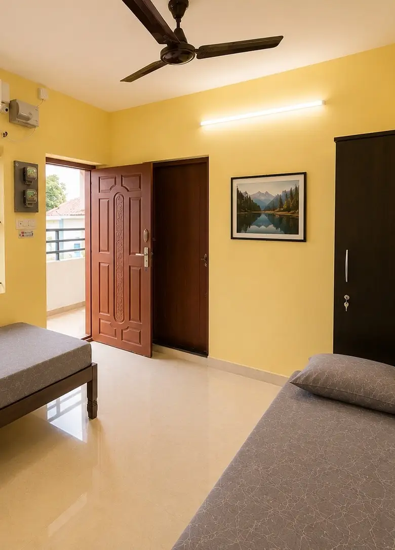 2-sharing AC room at Q Residency, a men's PG in Peelamedu, Coimbatore